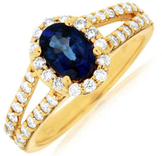 1.65CT DIAMOND & AAA SAPPHIRE 14KT YELLOW GOLD 3D OVAL & ROUND ENGAGEMENT RING