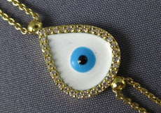 ESTATE .11CT DIAMOND WHITE & BLUE ENAMEL 18K YELLOW GOLD EVIL EYE LUCKY BRACELET