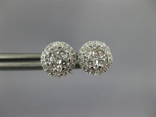 ESTATE .53CT DIAMOND 18KT WHITE GOLD 3D 7MM CLUSTER ROUND HALO STUD EARRINGS
