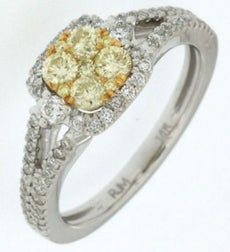 ESTATE .73CT WHITE & FANCY YELLOW DIAMOND 14KT 2 TONE GOLD CLASSIC CLUSTER RING