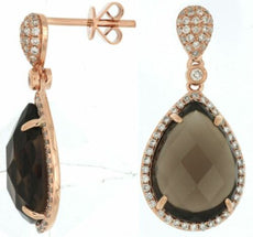 1.74CT DIAMOND & AAA SMOKY TOPAZ 14KT ROSE GOLD 3D PEAR SHAPE HANGING EARRINGS