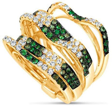 WIDE 1.85CT DIAMOND & AAA TSAVORITE 18K YELLOW & BLACK GOLD 3D ANNIVERSARY RING