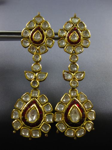 ANTIQUE EXTRA LARGE 11.50CT ROSE CUT DIAMOND & AAA RUBY 22K YELLOW GOLD EARRINGS