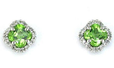 1.10CT DIAMOND & AAA PERIDOT 14KT WHITE GOLD 4 LEAF CLOVER FLOWER STUD EARRINGS