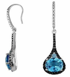 5.35CT WHITE & BLACK DIAMOND & BLUE TOPAZ 14K WHITE GOLD OVAL TEAR DROP EARRINGS