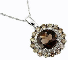 2.43CT WHITE & MOCHA DIAMOND & AAA SMOKY TOPAZ 14KT WHITE GOLD 3D FLOWER PENDANT