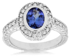 1.57CT DIAMOND & AAA TANZANITE 14K WHITE GOLD OVAL & ROUND BEZEL ENGAGEMENT RING
