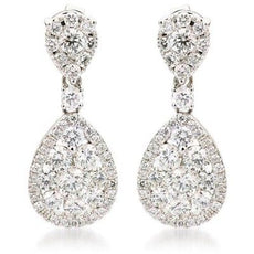 ESTATE .60CT DIAMOND 18KT WHITE GOLD CLASSIC TEAR DROP CLUSTER HANGING EARRINGS