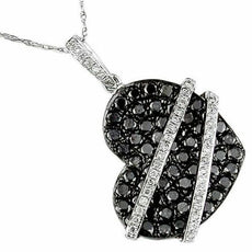 1.44CT WHITE & BLACK DIAMOND 14KT WHITE GOLD 3D SIDEWAYS HEART LOVE PENDANT