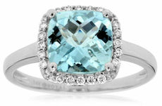 1.98CT DIAMOND & AAA AQUAMARINE 14KT WHITE GOLD 3D CUSHION HALO ENGAGEMENT RING