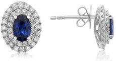 ESTATE LARGE 1.42CT DIAMOND & AAA SAPPHIRE 18KT WHITE GOLD 3D HALO STUD EARRINGS