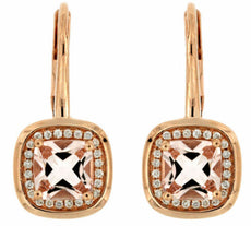 1.90CT DIAMOND & AAA MORGANITE 14KT ROSE GOLD SQUARE LEVERBACK HANGING EARRINGS