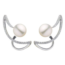 ESTATE LARGE .36CT DIAMOND & AAA PEARL 14KT WHITE GOLD 3D ROUND ZIG ZAG EARRINGS