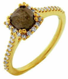1.29CT WHITE & CHOCOLATE FANCY DIAMOND 18K YELLOW GOLD 3D SQUARE ENGAGEMENT RING