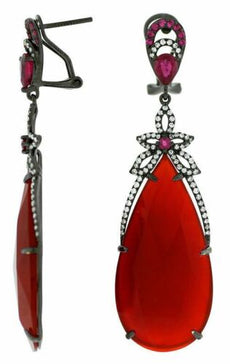 2.03CT DIAMOND & AAA RUBY & RED AGATE 14KT WHITE GOLD TEAR DROP HANGING EARRINGS