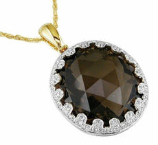 17.75CT DIAMOND & AAA SMOKY TOPAZ 14KT YELLOW GOLD 3D OVAL HALO FUN PENDANT
