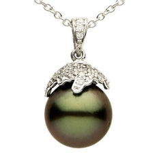 ESTATE .16CT DIAMOND & AAA TAHITIAN PEARL 14KT WHITE GOLD ROUND PAVE 3D PENDANT
