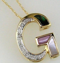.03CT DIAMOND & AAA MOTHER OF PEARL 14K YELLOW GOLD 3D G INITIAL RAINBOW PENDANT
