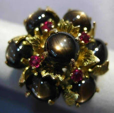 ANTIQUE LARGE 12.45CT AAA RUBY & STAR SAPPHIRE 14KT YELLOW GOLD 3D FLOWER RING