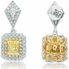GIA 2.59CT WHITE & FANCY YELLOW DIAMOND 18KT 2 TONE GOLD SQUARE FLOWER EARRINGS