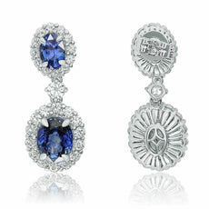 GIA CERTIFIED 7.25CT DIAMOND & AAA SAPPHIRE 18K WHITE GOLD HALO HANGING EARRINGS