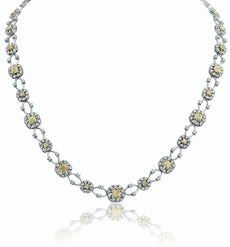 12.16CT WHITE & FANCY YELLOW DIAMOND 18K 2 TONE GOLD 3D FLOWER ETERNITY NECKLACE