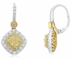 GIA 2.6CT WHITE & FANCY YELLOW DIAMOND 18K 2TONE GOLD LEVERBACK HANGING EARRINGS