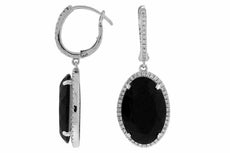 LARGE .40CT DIAMOND & AAA ONYX 14KT WHITE GOLD HALO LEVERBACK HANGING EARRINGS