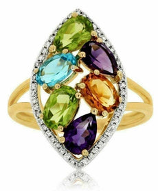 2.90CT DIAMOND & AAA MULTI COLOR GEM 14KT YELLOW GOLD 3D MARQUISE SHAPE FUN RING
