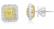 LARGE 1.16CT WHITE & FANCY YELLOW DIAMOND 18KT 2 TONE GOLD CLASSIC STUD EARRINGS