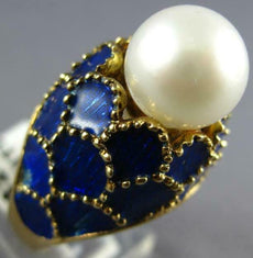 ANTIQUE LARGE BLUE ENAMEL & AAA SOUTH SEA PEARL 14K YELLOW GOLD SHELL RING #2748
