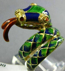 ANTIQUE LARGE AAA BLUE GREEN & RED ENAMEL 18K YELLOW GOLD DRAGON SNAKE RING 2369
