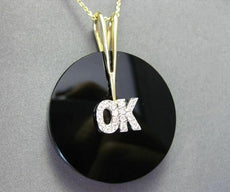 ANTIQUE EX LARGE DIAMOND & AAA BLACK ONYX 14KT 2 TONE GOLD " OK " PENDANT #20444