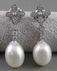 ANTIQUE DIAMOND 11M OVAL SEA PEARL 14K WHITE GOLD HANGING FILIGREE EARRINGS #836