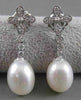 ANTIQUE DIAMOND 11M OVAL SEA PEARL 14K WHITE GOLD HANGING FILIGREE EARRINGS #836