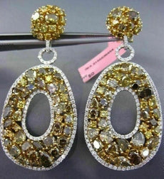 MASSIVE 23.49CT WHITE & MULTI COLOR DIAMOND 18K 2TONE GOLD OVAL HANGING EARRINGS