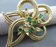 ANTIQUE LARGE .75CT DIAMOND & EMERALD 14K YELLOW GOLD 3D FLOWER LEAF DESIGN 2412