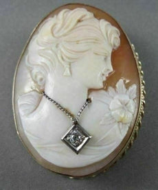 ANTIQUE LARGE .18CT DIAMOND FILIGREE LADY CAMEO 14K 2TONE BROOCH & PENDANT #1807