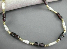 ANTIQUE LONG 14KT YELLOW GOLD AAA GARNET & PEARLS NECKLACE BEAUTIFUL!! #21983