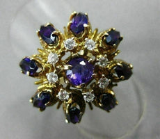ANTIQUE LARGE 3.21CT DIAMOND & AMETHYST 14KT YELLOW GOLD HANDCRAFTED FLOWER RING