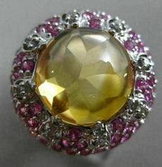 8.38CT DIAMOND AAA PINK SAPPHIRE & CABOCHON CITRINE 14KT WHITE GOLD FLOWER RING