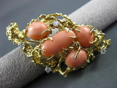 ANTIQUE LARGE OLD MINE DIAMOND & AAA CORAL 14KT YELLOW GOLD BROOCH / PIN #20239
