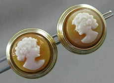 ANTIQUE ROUND 14KT YELLOW GOLD ITALIAN HANDCRAFTED LADY CAMEO EARRINGS #22741