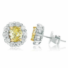 2.44CT WHITE & FANCY YELLOW DIAMOND 18KT TWO TONE GOLD FLOWER HALO STUD EARRINGS