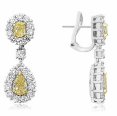 4.80CT WHITE & FANCY YELLOW DIAMOND 18K TWO TONE GOLD TEAR DROP HANGING EARRINGS
