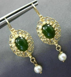 ANTIQUE JADE & SOUTH SEA PEARL 14K YELLOW GOLD 3D FILIGREE OVAL HANGING EARRINGS