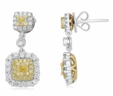 1.73CT WHITE & FANCY YELLOW DIAMOND 18K 2 TONE GOLD ETOILE HALO HANGING EARRINGS