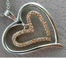 ESTATE .05CT DIAMOND 14K WHITE & ROSE GOLD 3D DOUBLE HEART LOVE FLOATING PENDANT
