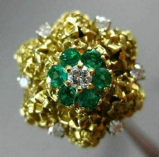 ANTIQUE LARGE .56CT DIAMOND & AAA EMERALD 14KT 2 TONE GOLD FLOWER FUN RING #2083