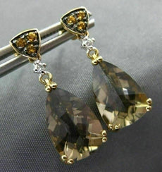 LARGE 5.41CT DIAMOND YELLOW SAPPHIRE & AAA SMOKY TOPAZ 14KT YELLOW GOLD EARRINGS